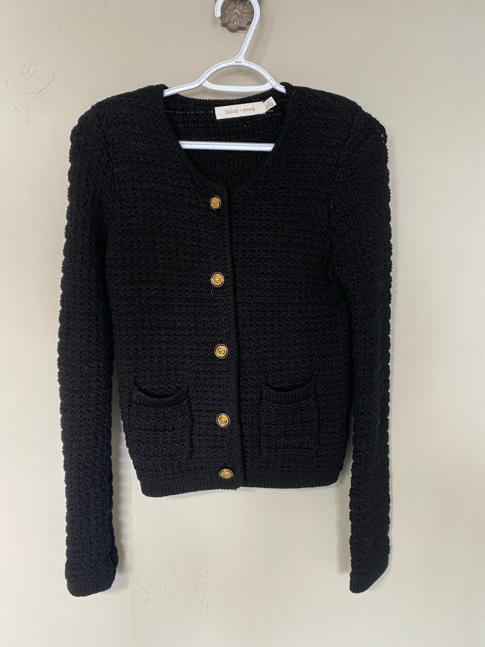 Bishop + Young Black 100% Cotton Ladylike Sweater Jacket Gold Buttons Medium